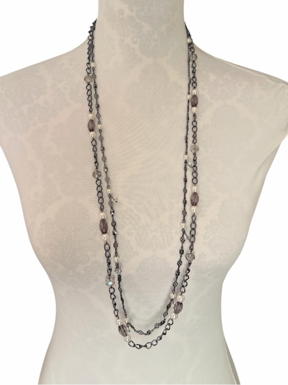 Premier Designs 3-in-1 Layered Vintage Necklace | Gunmetal Chain Crystal Pearl